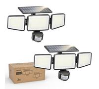 Philips Confezione da 2 luci solari di sicurezza per esterni, 302 LED, 1200 lm, a energia solare, impermeabile, con sensore di movimento PIR, 3 teste, impermeabile IP65, 3 modalità