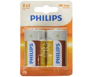 Philips D-Batterie - R20L2B - Batteria da 2 - Tecnologia al Cloruro di Zinco - Durata di Conservazione di 3 Anni - 1,5 V