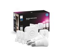 Philips Hue Secure, StarterKit, Lampadina Smart, Luce da Bianca a Colorata, 9W, 3 Sensori di Contatto, Sensore di Movimento, Hue Bridge