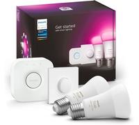 Philips Hue White & Color Ambiance Starter Kit 2 Lampadine Smart, Attacco E27, Luce Bianca e Colorata Dimmerabili, 9W, Hue Bridge e Telecomando Smart Button inclusi, Bluetooth