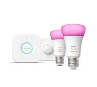Philips Hue White & Color Ambiance Starter Kit 2 Lampadine Smart, Attacco E27, Luce Bianca e Colorata Dimmerabili, 9W, Hue Bridge e Telecomando Smart Button inclusi, Bluetooth