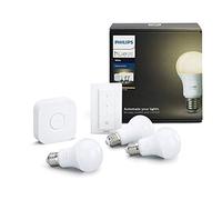 Philips Hue White Starter Kit con 3 Lampadine LED Smart, Luce Bianca Calda, Dimmerabile, 9W, Attacco E27, Hue Bridge e Telecomando Dimmer Switch Inclusi, Versione 2018