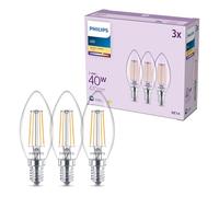 Philips Lampadina LED, Confezione da 3, B35, E14, 470 Lumen, 40 W, Design Oliva, Maggiore Durata, Luce Bianca Calda 2.700 K, Lampada Trasparente