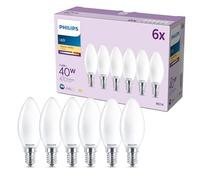 Philips Lampadina LED smart B35 E14, Smerigliata, Confezione da 6 | 40 W, Design Oliva, 470 lm, Luce bianca calda, 2700 K, Maggiore durata 25000 ore, Efficienza energetica