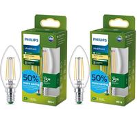 Philips Lampadina LED UltraEfficient Candela Trasparente B35 a Filamento, Attacco E14 Piccolo Edison 252 lm, Equivalente 25W, Bianco Caldo (2700K), 50.000 ore, Pacco da 2