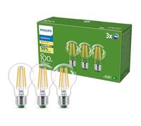 Philips Lampadina LED UltraEfficient, Confezione da 3, A60, E27, 1.535 Lumen, 100 W, Risparmio Energetico, EyeComfort, Lunga Durata, Luce Bianca Calda 2.700 K, Design Classico, Lampada Trasparente