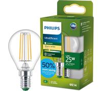 Philips Lampadina LED UltraEfficient Trasparente P45 a Filamento, Attacco E14 Piccolo Edison 252 lm, Equivalente 25W, Bianco Caldo (2700K), EyeComfort, 50.000 ore, Pacco da 1