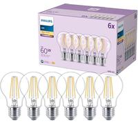Philips LED Classic, Lampadina smart LED E27 a goccia, Confezione da 6 | Luce bianca calda, 2700 K, Equivalente a 60 W, Trasparente, Risparmio energetico, Design retrò, Ideale per ogni ambiente