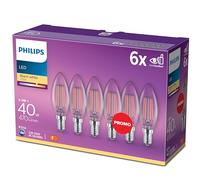 Philips LED Lampadina Oliva filamento, 6 pz, 40W, Attacco E14, Luce Bianca Calda, Non Dimmerabile
