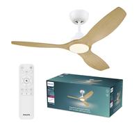Philips Olas ventilatore a soffitto, illuminazione LED, 3 pale, 132 cm di diametro, 2650 lumen, luce bianca tunabel da 3000 K a 6500 K, intensità regolabile al 5%, telecomando incluso, bianco/legno