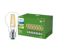Philips LED UltraEfficient, Lampadina E27 a goccia, Confezione da 7 | 60 W, 2700 K Trasparente, Durata 50000 ore, Risparmio energetico 50%, Design retrò