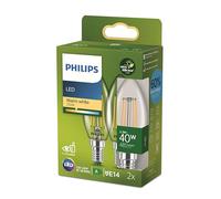 Philips Classic ultra-efficient LED bulb with energy efficiency class A, E14 base, replaces 40W, clear, warm white light, candle shape, pack of 2