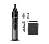 PHILIPS Nt3650/16, trimmer per naso, orecchie e sopracciglia, senza fili, con sistema di protezione protettivo, completamente lavabile, con batteria AA, 2 pettini per sopracciglia, custodia (grigio