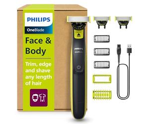 Philips OneBlade 360 Autentico Regolabarba Elettrico per Viso e Corpo, Rasoio e Spazzola, 3x 360 Lame, 3x Pettine per Barba (1,3,5 mm), 1x Kit per il Corpo, QP2824/31