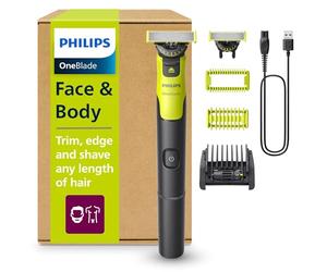 Philips OneBlade 360 Face + Body, Autentico regolabarba elettrico, rasoio e spazzola con tecnologia a 360, 1x lame 360, 1x pettine regolabile 5 in 1, 1x kit per il corpo, (modello QP4631/30)