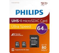 Philips Scheda MicroSD da 64 GB, fino a 80 MB/s (R), MicroSDHC con adattatore SD A1 / U1 / C10 / V10, confezione da 2 pezzi, modello n. FM64MP45D