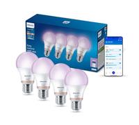 Philips Smart Lighting Lampadina intelligente, A60, E27, RGB, Conf. da 4 | Luce bianca regolabile e a colori 2.200-6.500 K, LED intelligente, 806 lm, Reg. minima, Connected by WiZ, Casa intelligente