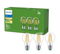Philips Ultra Efficient - Ultra energy saving lights, E27 LED light source, 40W, A60, warm white, pack of 3, clear