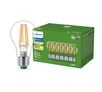 Philips LED UltraEfficient Lampadina Goccia, Classe di Efficienza Energetica A, attacco E27, equivalente a 60W, trasparente, Luce Bianca Calda 2700K, confezione da 6