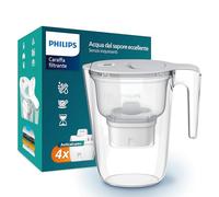 Philips - Caraffa filtrante per acqua + 4 cartucce filtranti Softening+ di ricambio, riduzione della durezza dell’acqua fino al 50%, flusso rapido, bianco, 2,6 litri, timer elettronico