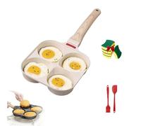 Philosophyw/Gloryboom Non-Stick Egg Frying Pan, 4 Holes Skillet with Handle, Multifunctional, Wooden Handle Medical Stone Omelet Non-Stick Cookware Breakfast Frying Pan for Home (White)
