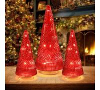 PHITRIC Decorazioni natalizie per interni, 3 pezzi in vetro scintillante rosso, centrotavola per albero di Natale, con luci a LED e timer, decorazioni per albero di Natale per casa, camino, scaffale