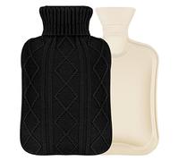 phixilin Borsa acqua calda, 2L borse acqua calda, Borsa per l'acqua Calda con Lavorata a Maglia Morbida Copertura Gomma, Premium borsa dell'acqua calda per Rapido Sollievo dal Dolore e Comfort - Nero