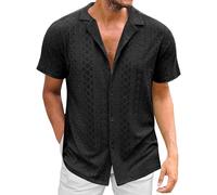PHJTOMK Camicia a Maniche Corte in Jersey da Uomo Polo Vacanza Bottoni Uncinetto Casual Vintage Beach Shirt, Nero , M