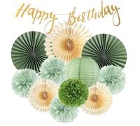 Phlognfy Verde Salvia Decoración Fiesta Cumpleaños, 12pcs Salvia Decora Tema Fiesta, Abanico Papel Redondo Pom Pom Linterna Bandera, Jardín Verde Decoración Fiesta para Boda Baby Shower