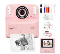 PHNIXGAM Fotocamera istantanea per bambini con 2 flash, fotocamera digitale per bambini 2,4 in HD, regalo per ragazzi e ragazze, tra cui 5 rotoli di carta da stampa e carta da 32 GB (Rosa)