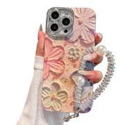 PHOEACC Custodia compatibile con iPhone 16 Pro Max con protezione per obiettivo della fotocamera glitterata e cinturino da polso, graziosa cover per telefono con pittura a olio retrò con fiori per