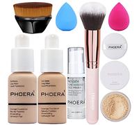 PHOERA Fondotinta coprente completo, set trucco PHOERA, con primer, cipria, pennelli trucco Kabuki, pennello per cipria, 2 spugne per trucco (102+104/Nude+Buff Beige, 30 g (Confezione da 1))