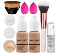 PHOERA Fondotinta coprente completo, set trucco PHOERA, con primer, cipria, pennelli trucco Kabuki, pennello per cipria, 2 spugne per trucco (105 Sand, 30 g (Confezione da 1))