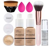 PHOERA Fondotinta coprente completo, set trucco PHOERA, con primer, cipria, pennelli trucco Kabuki, pennello per cipria, 2 spugne per trucco (104 Buff Beige, 30 g (Confezione da 1))
