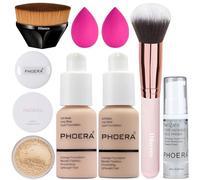 PHOERA Fondotinta coprente completo, set trucco PHOERA, con primer, cipria, pennelli trucco Kabuki, pennello per cipria, 2 spugne per trucco (101+102/Porcelain+ Nude, 30 g (Confezione da 1))