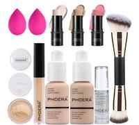 PHOERA Fondotinta coprente completo, set trucco PHOERA,correttore,con cipria, primer,3 Pezzi Contouring Viso Stick Con pennello (101+102+ Fair Contour/Porcelain+ Nude+#01,#08,#13)