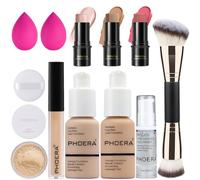 PHOERA Fondotinta coprente completo, set trucco PHOERA,correttore,con cipria, primer,3 Pezzi Contouring Viso Stick Con pennello (102+102+ Fair-Light Contour/Nude + Nude+#03,#09,#12)