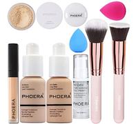 PHOERA Fondotinta coprente completo, set trucco PHOERA,correttore,con cipria, primer, pennelli trucco Kabuki, pennello per cipria (102+103/Nude + Warm peach, 340 g (confezione da 1))