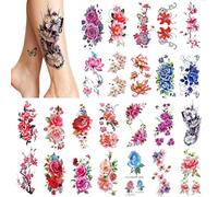 PHOGARY 24 pezzi Tatuaggi Temporanei per Donne (Fiori grandi), Adesivi per Tatuaggi Finti Colorati Luminosi, Body art Impermeabile per Ragazze Braccia Gambe Spalle