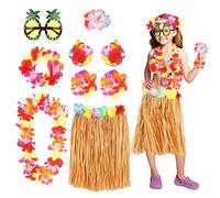 PHOGARY 8 Pezzi Hawaiian Hula Skirt Costume Accessorio Kit, Hawaiian Hula Set Gonna Danzante, Luau Outfits Hawaii Luau Party Skirt per Ragazze (Colore Paglierino)