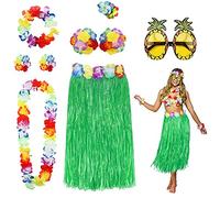 PHOGARY 8PCS Gonna Hula Kit di Accessori per Costumi per Hawaii Luau Party - Ballando Hula con Fiore Bikini Top, Lei Hawaiana, Molletta, Occhiali da Sole (Verde)