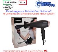 DIGIQUEST Phon 1800-2200W max Motore AC WINDY PRO, Leggero e Potente, Finiture effetto Gomma, Cavo 3m, 6 combinazioni di Velocità, Colpo di Freddo, con Concentratore e Diffusore