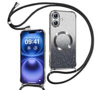 Phoona Cover Magnetica Glitter per iPhone 16 con Cordino, [Compatibile con MagSafe] Brillantini Sottile Lucida TPU Silicone Custodia per iPhone 16 Antiurto Cover, Ner