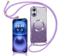 Phoona Cover Magnetica Glitter per iPhone 16 con Cordino, [Compatibile con MagSafe] Brillantini Sottile Lucida TPU Silicone Custodia per iPhone 16 Morbido Antiurto Cover, Viola
