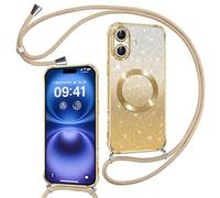 Phoona Cover Magnetica Glitter per iPhone 16 con Cordino, [Compatibile con MagSafe] Brillantini Sottile Lucida TPU Silicone Custodia per iPhone 16 Antiurto Cover, Oro