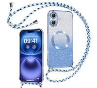 Phoona Cover Magnetica Glitter per iPhone 16 con Cordino, [Compatibile con MagSafe] Brillantini Sottile Lucida TPU Silicone Custodia per iPhone 16 Antiurto Cover, Blu