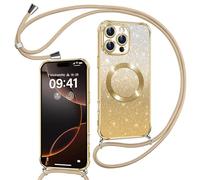 Phoona Cover Magnetica Glitter per iPhone 16 Pro con Cordino, [Compatibile con MagSafe] Brillantini Sottile Lucida TPU Silicone Custodia per iPhone 16 Pro Antiurto Cover, Oro