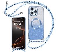 Phoona Cover Magnetica Glitter per iPhone 16 Pro con Cordino, [Compatibile con MagSafe] Brillantini Sottile Lucida TPU Silicone Custodia per iPhone 16 Pro Antiurto Cover, Blu