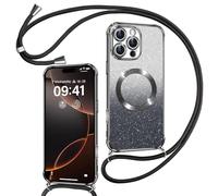 Phoona Cover Magnetica Glitter per iPhone 16 Pro Max con Cordino, [Compatibile con MagSafe] Brillantini Sottile Lucida TPU Silicone Custodia per iPhone 16 Pro Max Antiurto Cover, Ner