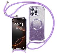 Phoona Cover Magnetica Glitter per iPhone 16 Pro Max con Cordino, [Compatibile con MagSafe] Brillantini Sottile Lucida TPU Silicone Custodia per iPhone 16 Pro Max Morbido Antiurto Cover, Viola